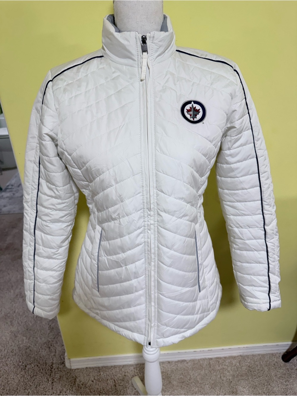 Women’s White Quilted Puffer Jacket with Contrast Piping